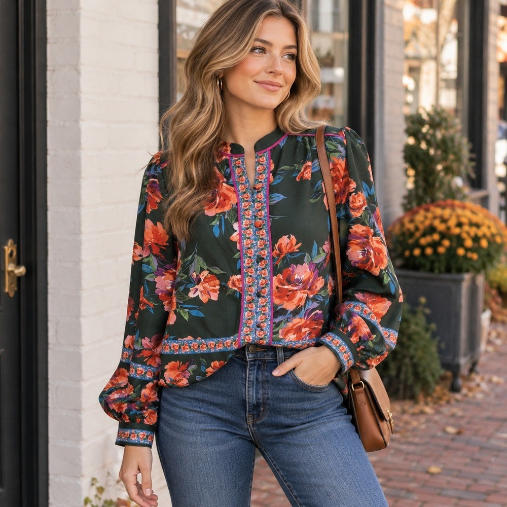 Fate Blouse Floral Border Print Mandarin Collar Balloon Sleeve Boho Women's M